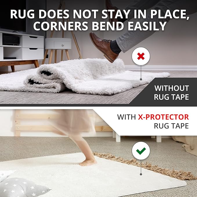 X-Protector Rug Tape for Carpet - 8 Pcs Set - White Anti-Slip & Anti-Curling Carpet Tape for Rugs - Premium Rug Pad Gripper - Carpet Corner Grippers to Keep Your Rugs & Make Corners Flat