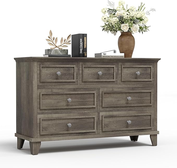 GarveeHome Grey Dresser for Bedroom, 7 Drawer Dresser, Wooden Chest of Drawers with Deep Drawers, 47 in Long Dressers TV Stand, Modern Dressers Organizer with Vintage Handle for Living Room, Hallway