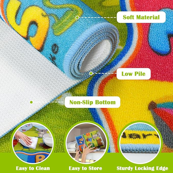 STARUIA ABC Rugs for Kids Playroom, Non-Slip Colorful Educational Kids Rug for Learning Alphabet Animals Numbers Months Shapes, Washable ABC Carpet Play Rug for Nursery Kid Room Decor (36"X59")