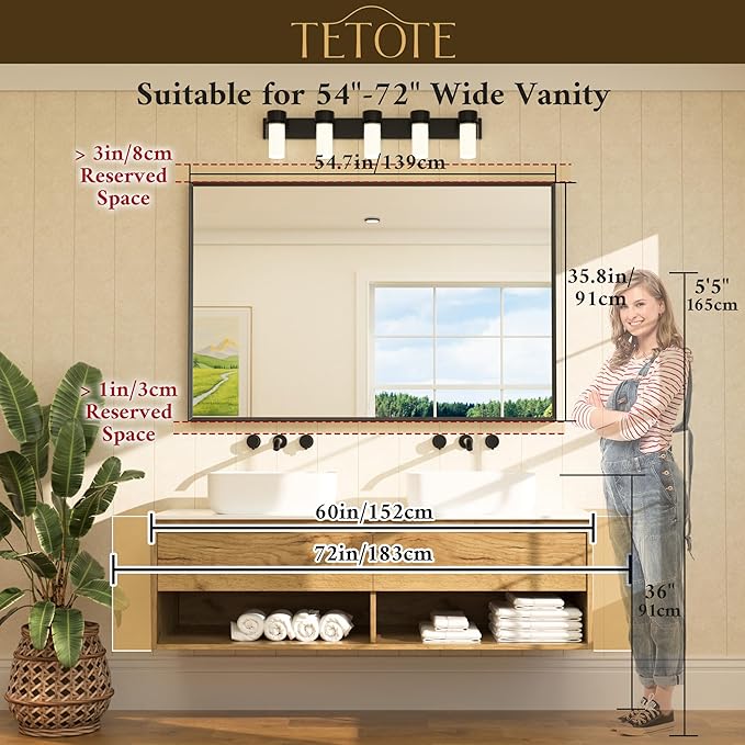 TETOTE Brushed Nickel Bathroom Vanity Mirror 55" x 36" Beveled Framed Bathroom Wall Mirror for Over Sink Brushed Nickel, Tempered Glass, Modern Farmhouse Bedroom, Entryway, Living Room