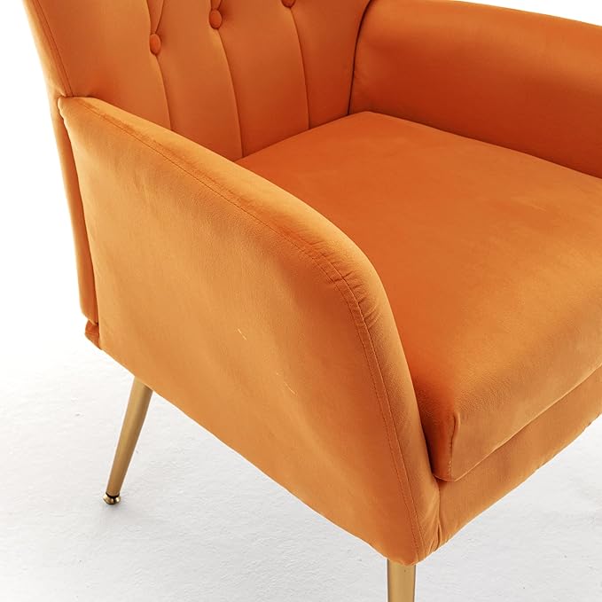 Modern Chic Mid-Century Velvet Accent Armchair for Living Room, Bedroom, or Home Office, Button-Tufted Wingback Design with Gold Flared Legs, Orange