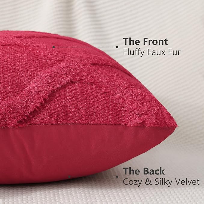 decorUhome Spring Throw Pillow Covers 20x20 Inch Set of 2, Soft Plush Faux Fur Wool Red Couch Pillow Covers, Decorative Neutral Pillow Cases for Bed Sofa Living Room Home Decor