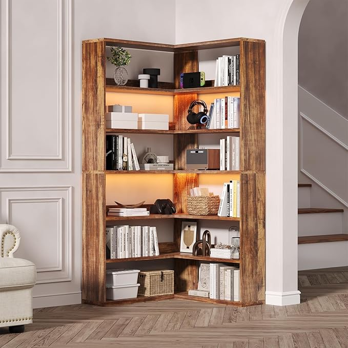 4 EVER WINNER Corner Bookshelf, 6 Tier Bookcase with LED Light and Storage, Industrial Tall Bookshelf Etagere Bookcase, 71” Corner Book Shelf with Storage Display Rack with Baffles for Home Office