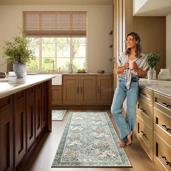 Botanical Floral Washable Runners for Hallways Area Rug 2x6 Light Green Cream Vintage Garden Design, Perfect for Carpet for Kitchen Bedroom Bathroom Laundry Room