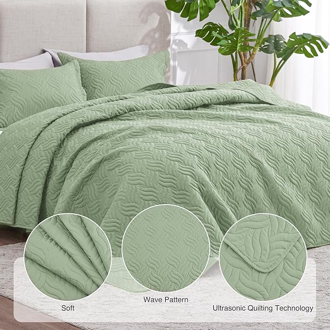 Love's cabin Quilts for Full Bed Sage Bedspreads Bedding Set - Lightweight Bedspread Comforter - Wave Pattern Bedding Coverlet for All Season - 3 Pieces (1 Quilt, 2 Pillow Shams)