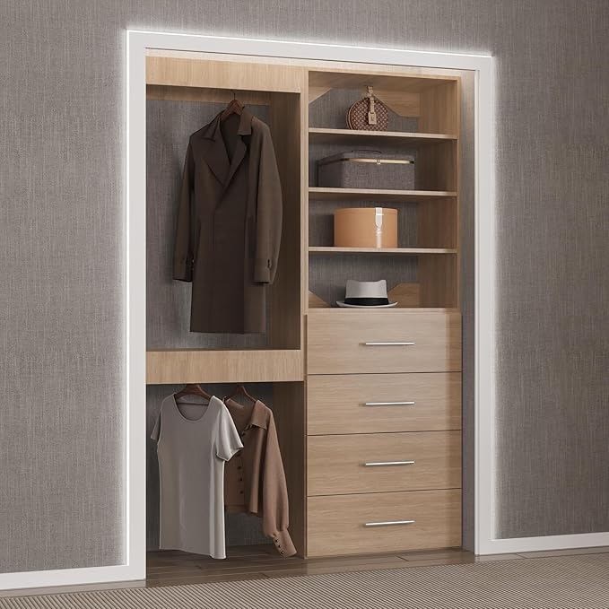 Modular Closet System, 40" Wide Closet Organizer System with Tower and Drawers, Wood Tower Closet Storage for Walk In Closets, Wall Mounted Wardrobe Organizer Kit System, Bedroom, Wood