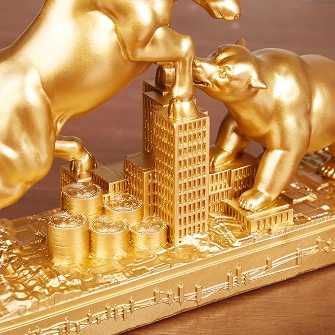 AETVRNI Bull and Bear Statue Wall Street Bull Statue - Ideal Stock Market Gift for Men Office Decoration Wall Street Bull Vs Bear Home Décor Stock Market,Gold