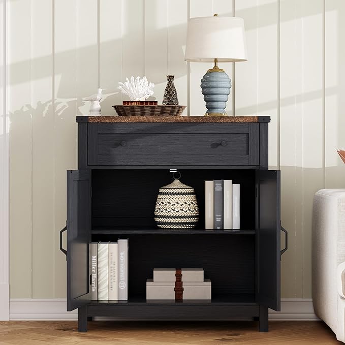 ChooChoo Kitchen Storage Cabinet, Coffee Bar Cabinet, Farmhouse Buffet Sideboard with Drawer for Kitchen, Living Room, Black