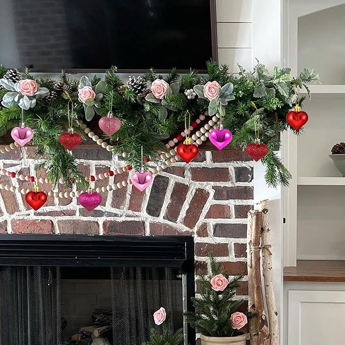 Valentine's Day Heart Ornaments for Tree - Valentine Ornaments Valentine Tree Decorations - Glitter Rose Gold Red Purple - Mini 24 Pcs
