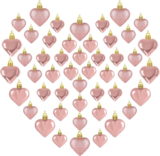 48PCS Valentines Day Heart Ornaments, Rosegold Shaped Ornaments, 2 Sizes Hanging Decorations, Glossy Baubles for Valentine's Day Wedding Anniversary Party Decor