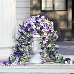 Waipfaru Artificial Petunias Flowers for Outdoors, 2 Pcs UV Resistant Fake Hanging Plants Spring Outside Decor, Faux Silk Flowers Long Trailing Vines for Outdoor Planters Porch Garden (Purple White)