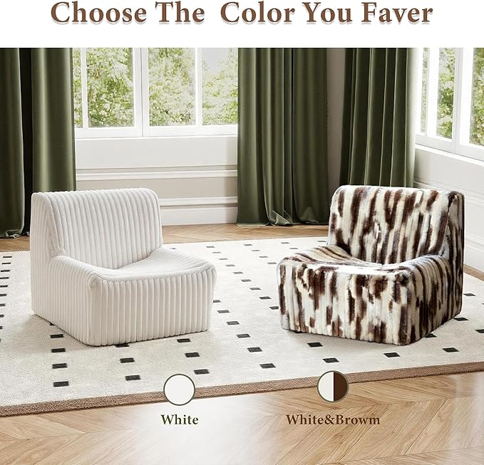 Trenda 32'' Boneless Chair, Super Comfy Bedroom Accent Chair, Sofa Chair, Soft Faux Fur Cover Floor Couch for Living Room,College, Dorm to Reading& Gaming (White& Brown)