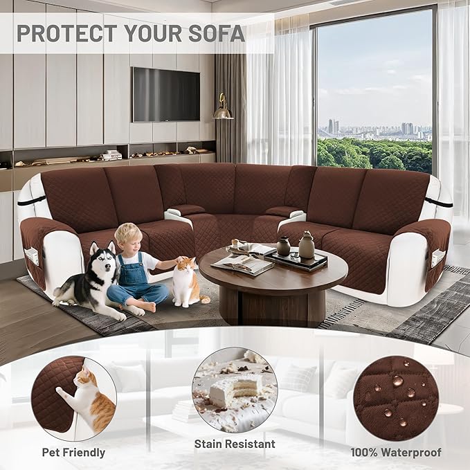 Reclining Sectional Couch Covers 100% Waterproof Velvet L Shape Recliner Couch Covers for Sofa Washable Anti Slip Recliner Slipcovers with Pockets (5 Seat Sofa with 2 Console, Dark Coffee)