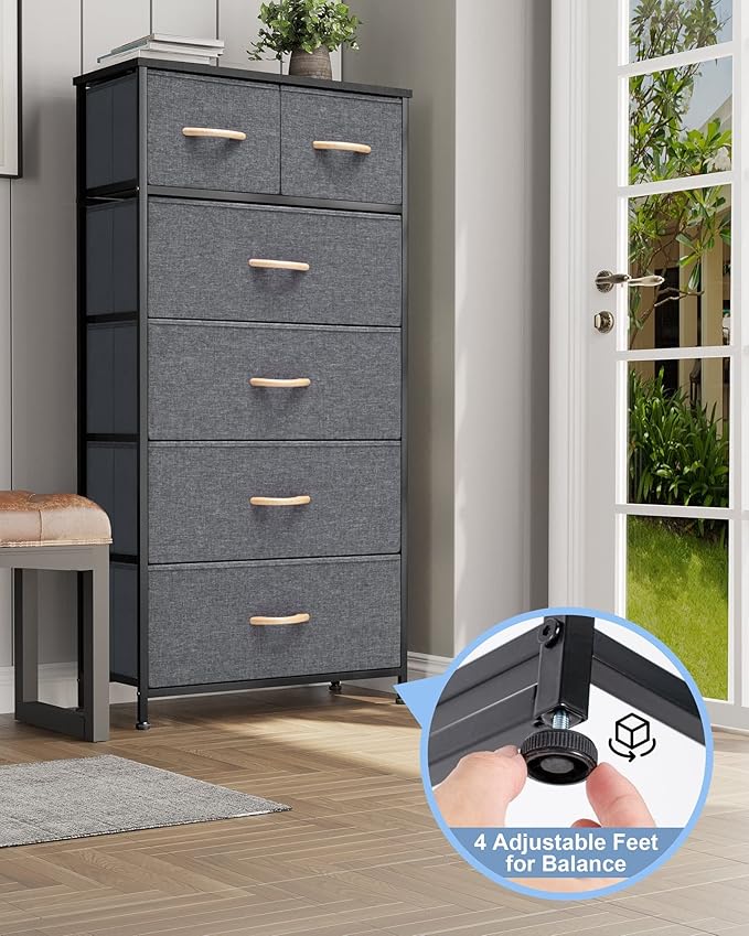 Crestlive Products Vertical Dresser Storage Tower - Sturdy Steel Frame, Wood Top, Easy Pull Fabric Bins, Wood Handles - Organizer Unit for Bedroom, Hallway, Entryway, Closets - 6 Drawers (Gray)