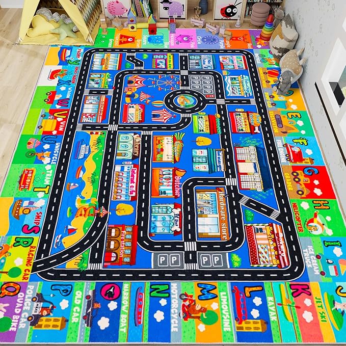 Kids Rugs for Toy Cars Playroom 110"×78.7" ABC Transportation Animals Play Mat Educational Mat Alphabet Area Rug Public Buildings Kids Playtime Collection Toddler Learning Carpet