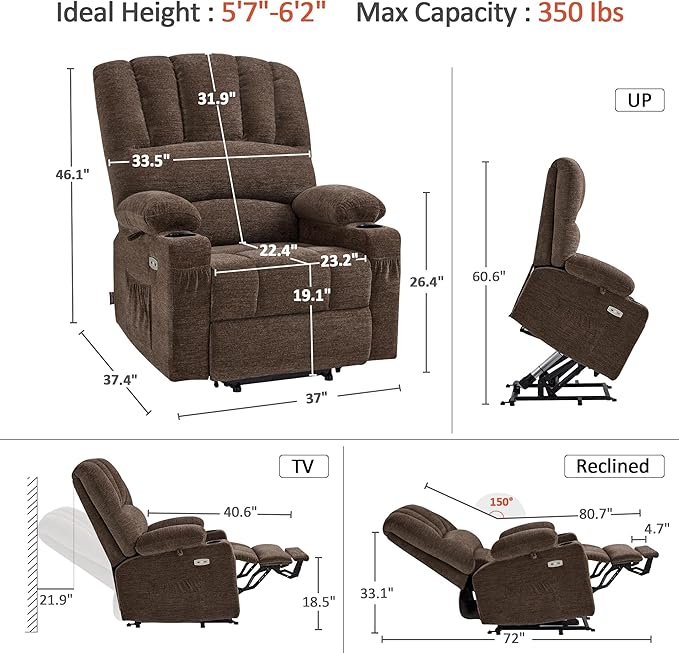 MCombo Large Power Lift Recliner Chair for Elderly, Lift Chair with Heat and Massage, 3 Positions, USB Charge Ports, Cup Holders, Fabric 7099 (Large, Coffee)