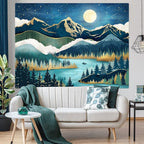 Accnicc Mountain Tapestry Nature Forest Tree Tapestries for Bedroom Aesthetic Starry Night Moon Stars Tapestrys Wall Hanging Teal Abstract Wall Tapestry for Dorm Living Room (Teal, 80'' × 60'')