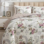 Flysheep 3 Pieces Quilt Set King Size, Beige Floral Reversible Bedspread Coverlet Set, Soft Microfiber Lightweight Bed Cover for All Season (102" x 90", 1 Quilt+ 2 Pillow Shams)