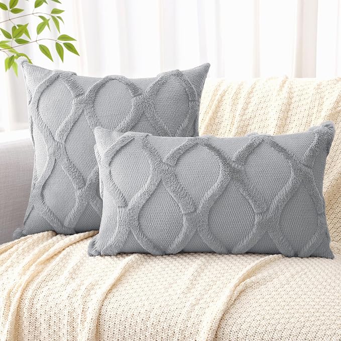 decorUhome Spring Throw Pillow Covers 16x16 Inch Set of 2, Soft Plush Faux Fur Wool Grey Couch Pillow Covers, Decorative Neutral Pillow Cases for Bed Sofa Living Room Home Decor