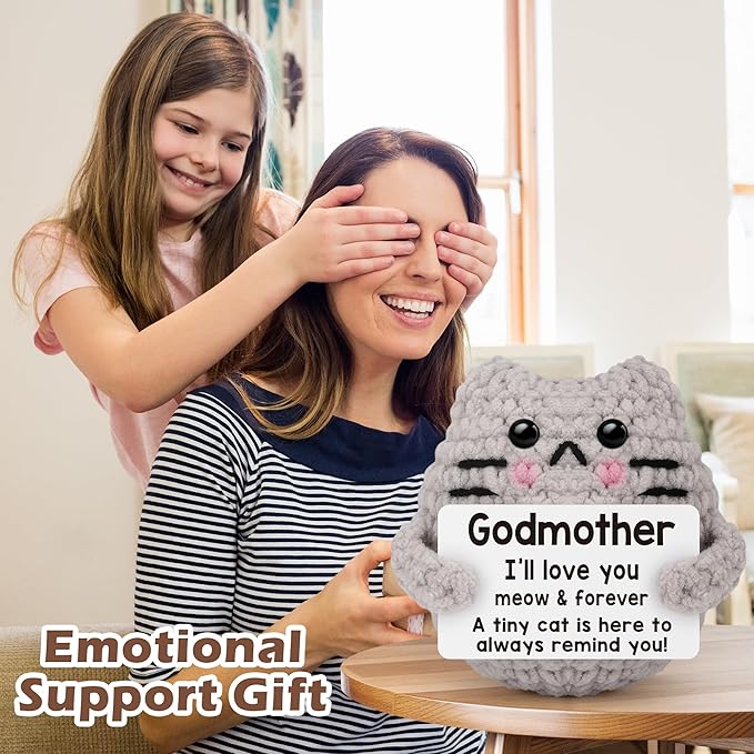 Godmother Gift from Godchild, Birthday Gifts for Godmother from Goddaughter Godson Emotional Support Crochet Cat Cute Stuff Thing Handmade Positive Crochet Christmas Stocking Stuffers