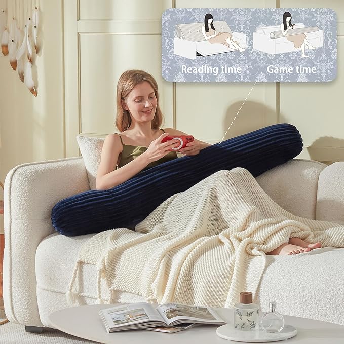 Headboard Wedge Pillow + A Long Neck Roll Pillow Body Pillow，Large Headboard Pillow with Removable Cover (Blue, Queen：59x8x20 inches)