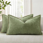 decorUhome Spring Chenille Soft Cozy Throw Pillow Covers 12x20 Set of 2, Modern Farmhouse Boho Velvet Decorative Pillow Cases with Stitched Edge for Couch Sofa Bed Home Decor, Olive Green