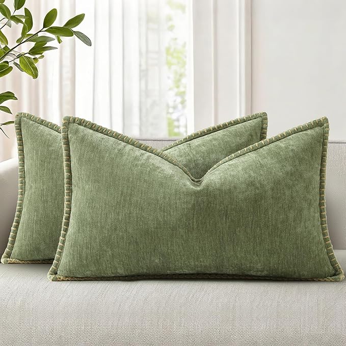 decorUhome Spring Chenille Soft Cozy Throw Pillow Covers 12x20 Set of 2, Modern Farmhouse Boho Velvet Decorative Pillow Cases with Stitched Edge for Couch Sofa Bed Home Decor, Olive Green