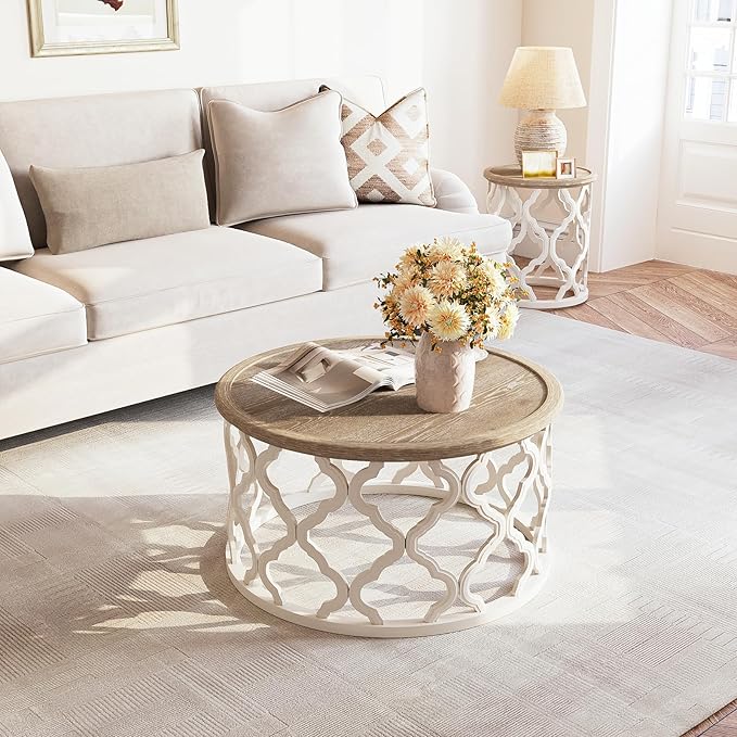 karlott Farmhouse Coffee Table, French Country Round Coffee Table with Distressed Tray Top, Coastal Coffee Tables with Curved Motif Frame Base, Boho Center Table for Living Room, Dining Room, Bedroom