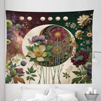 Ambesonne Moon Tapestry King Size, Abstract Blooming Gentle Leafy Flowers with Lunar Phase Ethno Details, Wall Hanging Bedspread Bed Cover Wall Decor, 104" X 88", Fern Green Eggshell Lilac