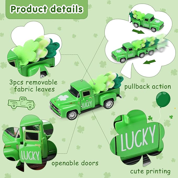 St. Patrick's Day Decorations for Home - Decor for Tiered Tray Metal Farm Truck with 3 Shamrocks Saint Patricks Day Vintage Diecast Pickup Truck Model for Shelf Table Centerpiece Décor 4.8inch