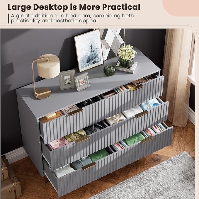 6 Drawer Dresser for Bedroom, Fluted 47.2 in Wide Modern Chest of Drawers with Deep Drawers, Long Large Double Dresser TV Stand, Wooden Dresser Organizer for Living Room, Hallway, Kids Room, Grey