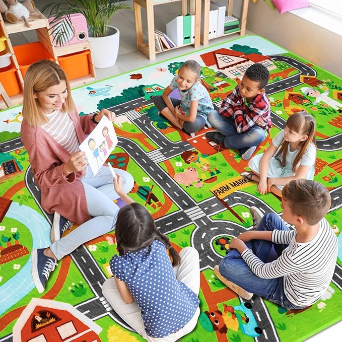 Kids Rug Play Mat for Toy Cars,110" × 78.7" Extra Large Farm Life Road Traffic for Playroom Kids Car Road Rug Village Map Play Mat Non-Slip Washable Carpet for Toddlers Boys Room Tummy Time Playtime