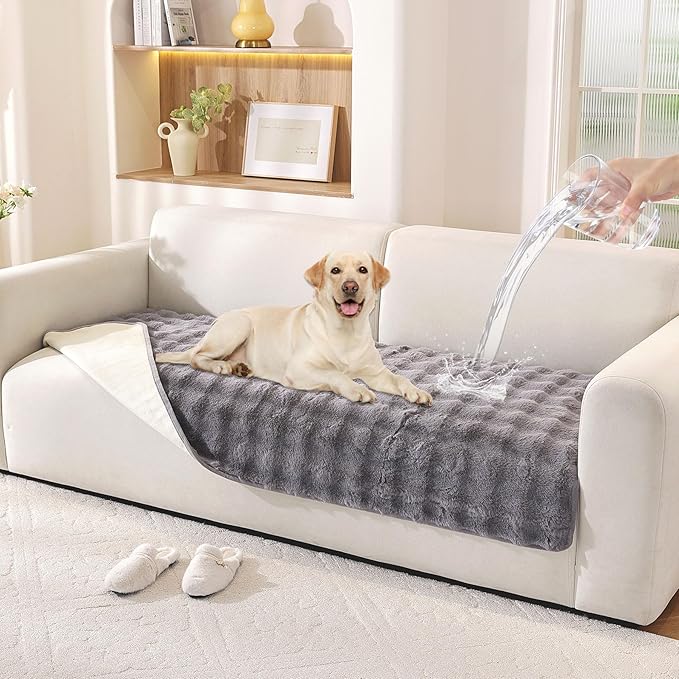 Waterproof Dog Bed Cover Non Slip Couch Covers for Dogs Washable Soft Faux Fur Sofa Cover Couch Covers for 2 Cushion Couch Sofa Pet Friendly (Grey)