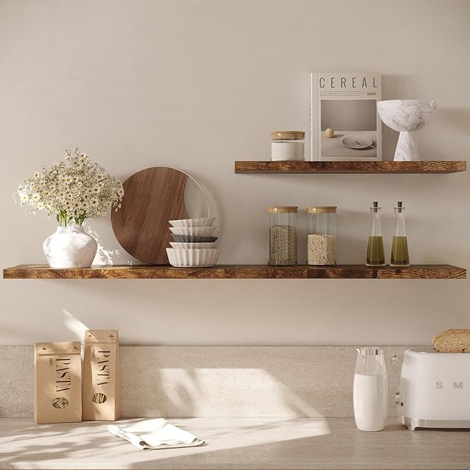 Wall Shelf Set of 1, Rustic Brown Floating Shelves 30 in W x 10 in D x 1 in H, Wooden Floating Wall Shelf with Invisible Brackets for Living Room/Bedroom/Bathroom/Kitchen Storage and Decor
