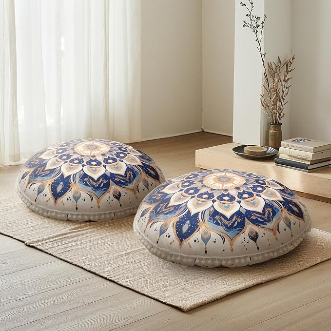 Meditation Cushion Set of 2, 32 Inch Extra Thick Memory Foam Round Floor Pillow with Removable Washable Cover, Bohemian Mandala Yoga Cushion for Adults - Ideal Holiday Decor, Blue