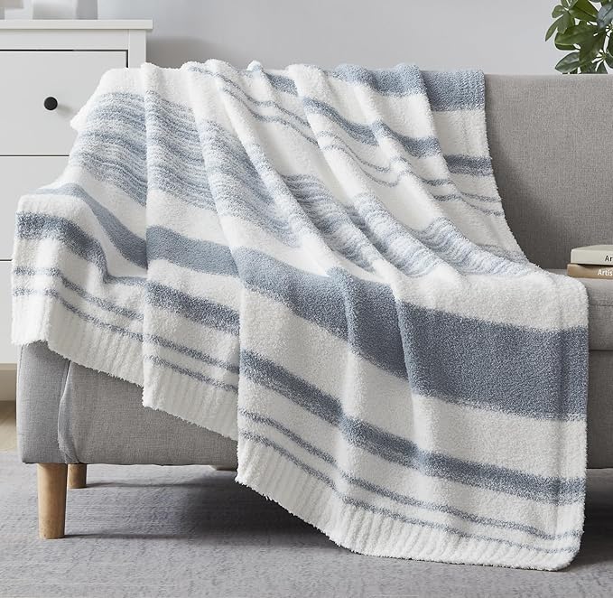 WRENGONGE Grey Blue Throw Blanket, 50x70 Soft Cozy Striped Throw Blankets for Couch, Sofa, Bed, Travel, Lightweight Fluffy Warm Plush Decorative Blankets for Women, Men Gift