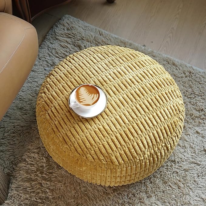 Unstuffed Pouf Ottoman Cover Soft Storage Extra Seat Farmhouse Comfortable Bohemian Poufs Accent Footrest 20x20x8 Inches for Living Room Bedroom Study Nook (Yellow, Round)