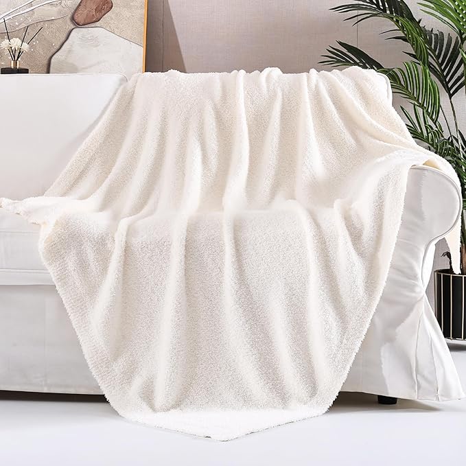 Panku Ultra Soft Cozy Knit Throw Blanket for Couch and Bed, Knitted Luxury Reversible Cozy Warm Fleece Blanket Throw, Plush Fluffy and Fuzzy Blankets for Gift (50x60inch, Cream)