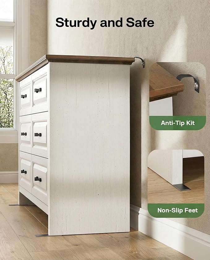 Marsail Farmhouse 6 Drawer Dresser, Wood Chest of Drawers with Natural Texture, Smooth Gliding Drawers, Versatile Storage Organizer Cabinet for Bedroom & Living Room, White and Brown