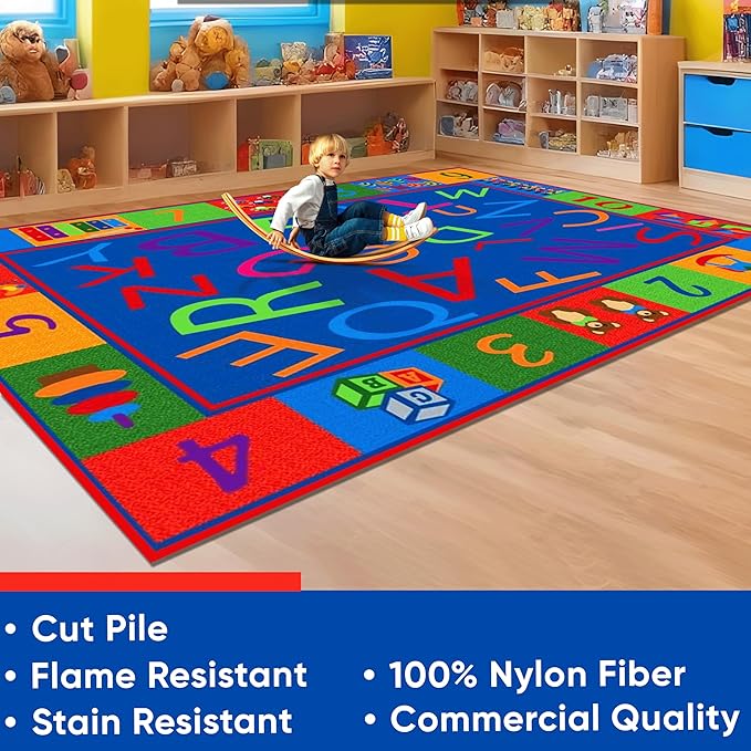 KIDCARPET.COM Alphabet and Numbers Rectangle Classroom Rug | Bordered Area Rug for Preschool Daycare Learning, 7'6" x 12'