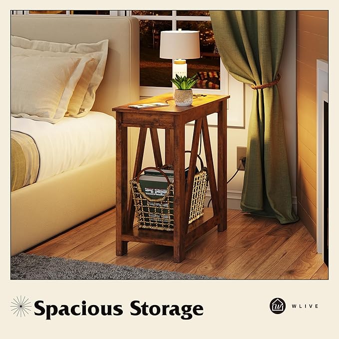 WLIVE Farmhouse End Table, Narrow Side Table with Charging Station, Slim End Table, Side Table for Bedroom, Living Room, Small Spaces, 2 USB and 2 Power Outlets, Rustic Brown