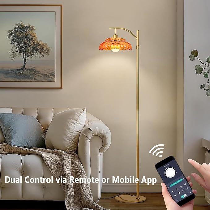 Glass Floor Lamp for Living Room, Standing Lamp with Remote, Dimmable Tall Lamps with Orange Glass Shade, Mid Century Modern Floor Lamps for Bedroom, 12W LED Bulb Included
