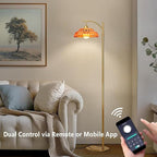 Glass Floor Lamp for Living Room, Standing Lamp with Remote, Dimmable Tall Lamps with Orange Glass Shade, Mid Century Modern Floor Lamps for Bedroom, 12W LED Bulb Included