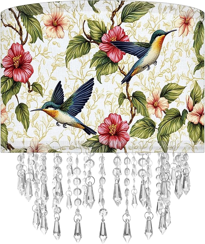 Hummingbird Floral Lamp Shade with Acrylic Bead Droplets, Spring Humming Bird Flower Fabric Light Shade for Pendant Table & Floor Lamps, Memorial Gift for Bird Lover, 11.8in