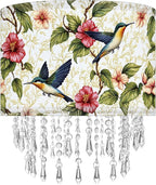 Hummingbird Floral Lamp Shade with Acrylic Bead Droplets, Spring Humming Bird Flower Fabric Light Shade for Pendant Table & Floor Lamps, Memorial Gift for Bird Lover, 11.8in