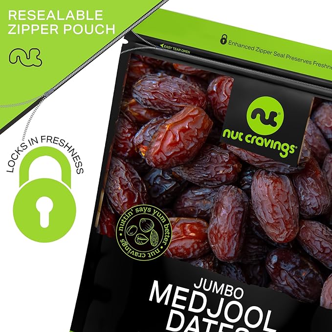 NUT CRAVINGS - Dried Jumbo Medjool Dates, No Sugar Added, Unsulphured (32oz, 2 LB) Ramadan & Iftar Favorite - Sweet Healthy Snack, Vegan, Kosher, Resealable Bag