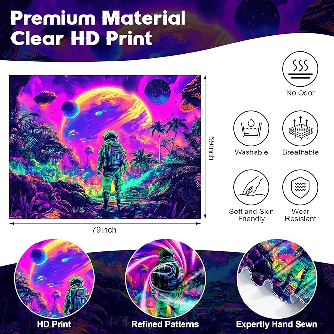Tapestry Blacklight Space Astronaut MushroomTapestries Fantasy Forest Trippy Starry Sky Tapestry Cool Wall Hanging Neon Nature Plant Wall Hanging Decor for Bedroom 79X59 in