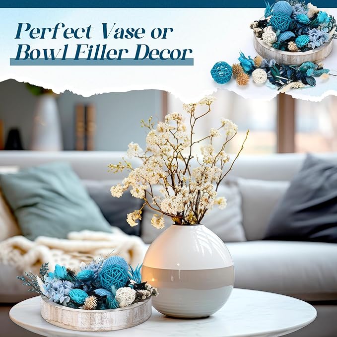 Nuanchu 2 Pack Decorative Balls Potpourri Bowl Filler Decor Natural Vase Bowl Filler Assorted Spherical Rattan Twigs Wicker Balls for Home Decor Centerpiece, No Scent(Blue Series,Charming Style)