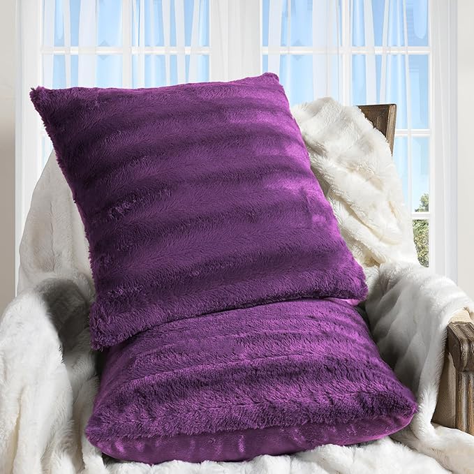 Cheer Collection Faux Fur Throw Pillows - Decorative Pillows for Couch, Bed Throw Pillows, Purple Accent Pillows for Bedroom or Living Room Aesthetic, Set of 2 Furry Throw Pillows, 20" x 20"