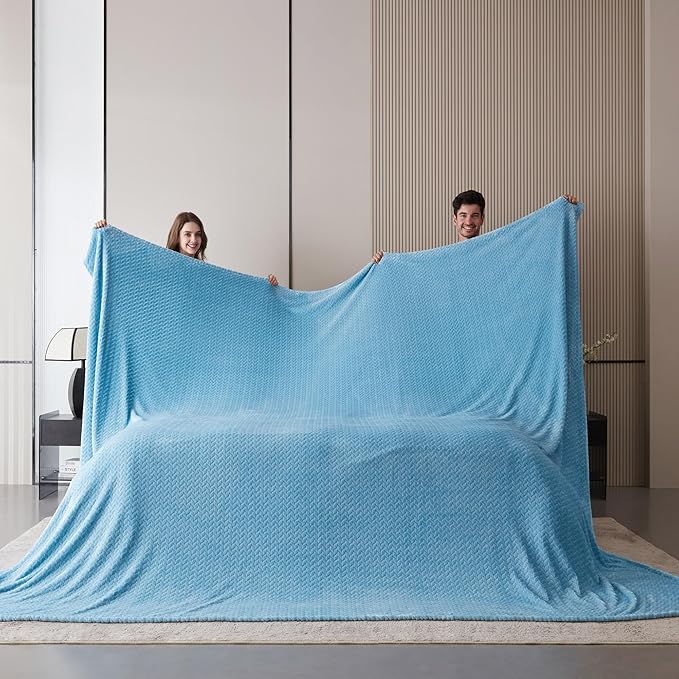 Oversized King Fleece Blanket 120x120 Inches, Seamless Soft Cozy 3D Jacquard Flannel Blanket 10'x10' Extra Large for Bed, Sofa, Couch, Travel & Camping, California King Throw, Baby Blue Leaf